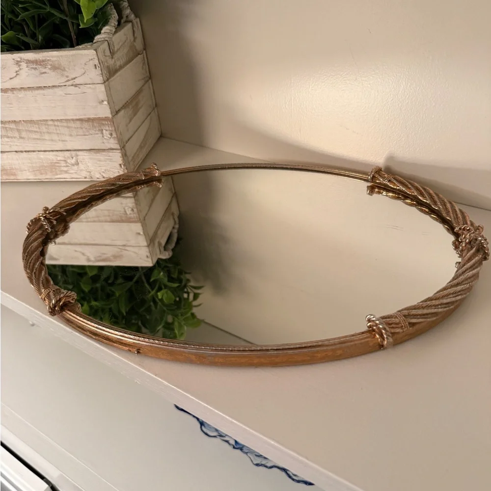 Vintage Stylebuilt Oval Mirrored Vanity Tray Organizer Rope Bow Gold Tone